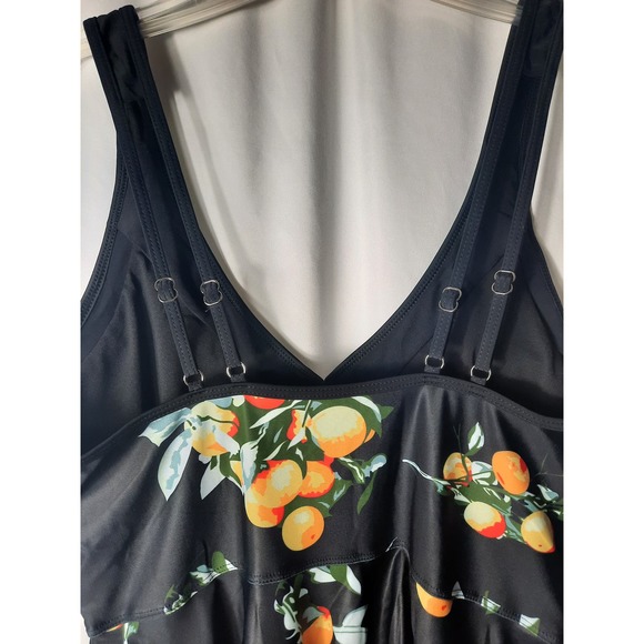 One Piece Skirted Swimsuit Black with Orange Fruit Print XXL - Picture 6 of 13